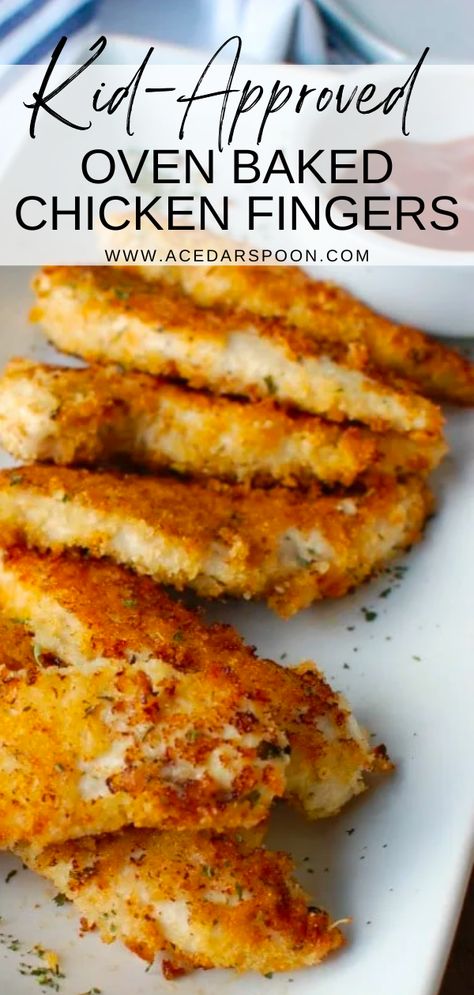 Try these delicious and nutritious oven-baked chicken fingers! Made with a crunchy panko crust and flavorful spices, this recipe is a hit with both kids and adults alike. With only a few simple ingredients, these chicken fingers are easy to make and perfect for a quick and satisfying weeknight dinner. Plus, with their wholesome ingredients and oven-baked preparation, you can enjoy these guilt-free! Easy Chicken Tenderloin Recipes, Chicken Tender Recipes Easy, Baked Chicken Fingers, Chicken Tender Recipes Baked, Baked Chicken Tenderloins, Chicken Fingers Baked, Oven Baked Chicken Tenders, Baked Chicken Strips, Chicken Finger Recipes