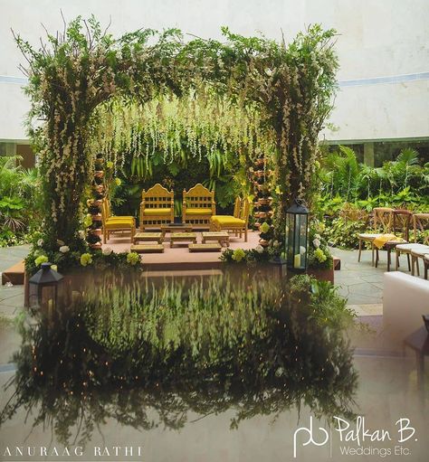 Gorgeous Wedding Mandap with our nature colour Green.. Designed and executed by @palkanbadlani  Follow www.decorsutrablog.com for ideas about Indian Wedding decor  Email your original pictures to @decorsutrablog@gmail.com to get featured  #hinduwedding #wedmegood #weddingsutra #shaadisaga #shaadimagic #indianweddingblog #indianwedding #designerblouse #teluguwedding #weddingdecor #weddingbrigade #gorgeousbride #bridesessentials #southindianwedding #southindianweddingdecor #hindubride #indiandecor Green Mandap, Open Mandap, Wedding Chori, Wedding Mandap Decor, Ganapati Decorations, Vidhi Mandap, Mandap Ideas, Shaadi Decor, Mandap Design