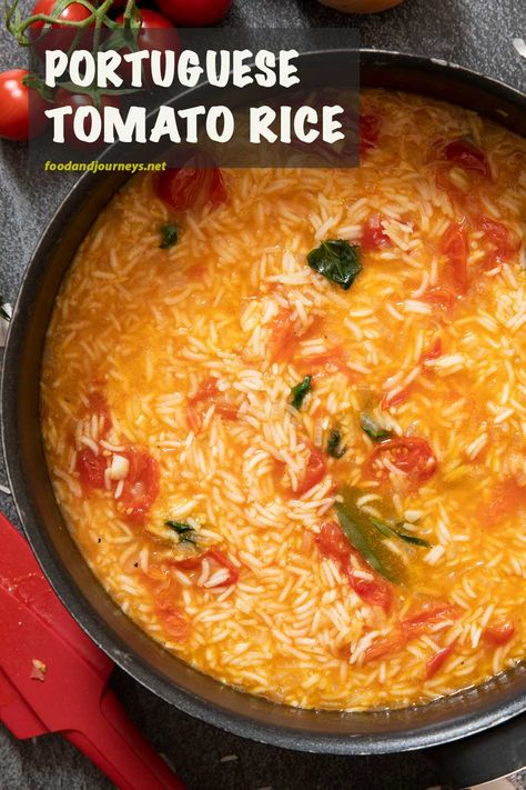 Deliciously packed with flavor, Arroz de Tomate is ready for serving in thirty minutes. Easy-peasy preparation, try this traditional Portuguese dish for tomorrow night! You will not regret it! #sidedish Rice Side Dish Recipes, Tomato Dishes, Tomato Rice, Portuguese Cuisine, Rice Side Dishes, Rice Dish, Portuguese Recipes, Idee Pasto Sano, Tomato Recipes