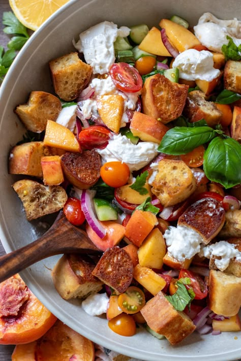 Peach Panzanella Salad with Burrata - Wine a Little, Cook a Lot Peach Panzanella Salad, Panzanella Salad With Peaches, Peach Tomato Burrata Salad, Summer Panzanella, Fresh Mozzarella Recipe, Salad With Peaches, Salad With Burrata, Panzanella Salad Recipe, White Balsamic Vinaigrette