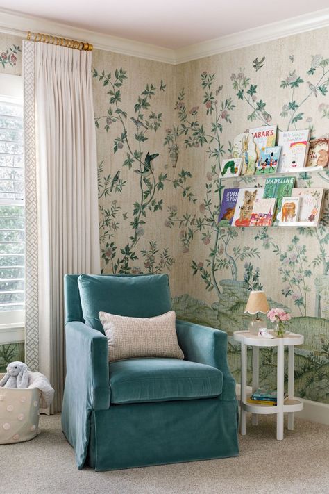 Norfolk — Paloma Contreras Design Girly Nursery Wallpaper, Inexpensive Dresser, Lucite Curtain Rod, Chinoiserie Nursery, Nursery Room Decoration, Whimsical Room, Paloma Contreras, Cabin Vibes, Bamboo Floor Lamp