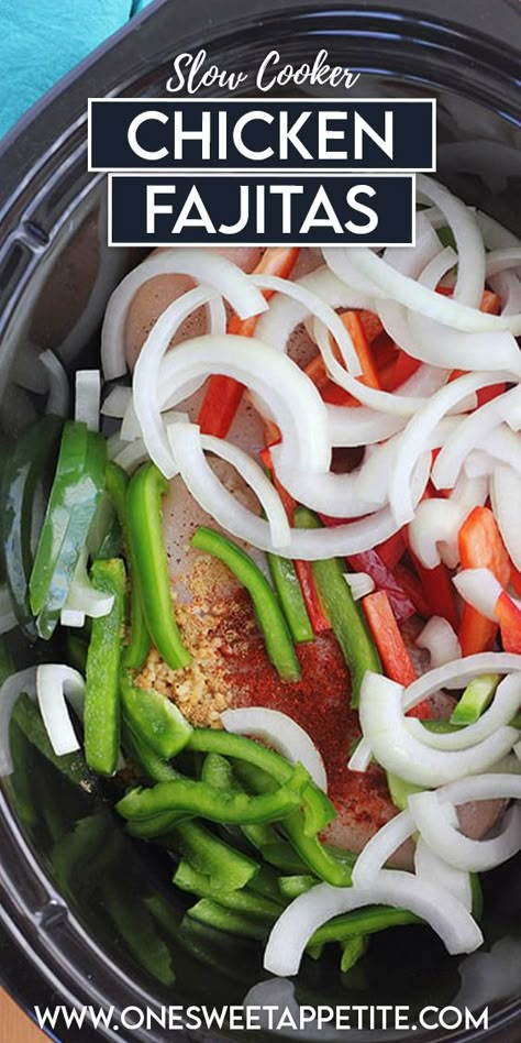 Chicken Fajitas made in the slow cooker! This recipe is so easy and gives you a delicious meal that has almost zero prep! Dump everything into the crock pot and let it cook to perfection for the perfect go-to weeknight dinner. Fajitas Crockpot, Fajitas Chicken, Crockpot Fajitas, Crockpot Recipes Mexican, Easy Crockpot Recipes Healthy, Slow Cooker Chicken Fajitas, Chicken Fajitas Crockpot, Easy Chicken Fajitas, Chicken Crockpot Recipes Healthy