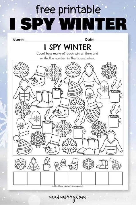 Seek And Find Printables Hidden Pictures Winter, I Spy Winter Free Printable, I Spy Printables For Kids Free, I Spy Winter, Substitute Activities, Free Winter Printables, Snowday Activities, Christmas I Spy, Winter Worksheet