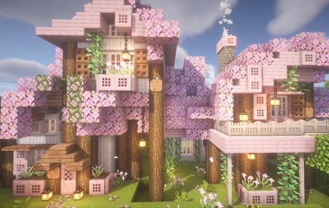 Minecraft treehouse, Cherry Blossom Trees in Minecraft, Minecraft House, Minecraft Builds. #minecraft #minecraftbuilds Trees In Minecraft, Minecraft Cherry Blossom, Minecraft Tree, Case Minecraft, Blossom House, Rumah Minecraft Sederhana, Minecraft Mansion, Minecraft Farm, Cherry Blossom Trees