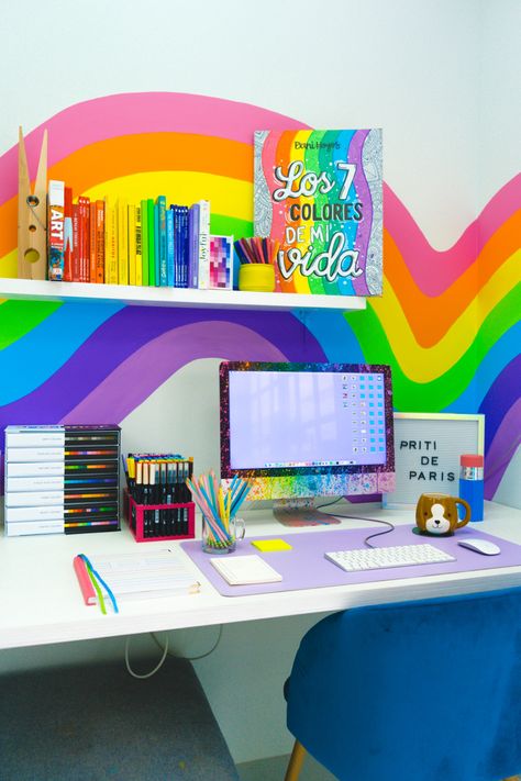 Lisa Frank Room, Craft Wardrobe, Colorful Craft Room, Rainbow Office, Rainbow Mural, Bedroom Eclectic, Rainbow Bedroom, Living Room Murals, Colourful Living Room Decor