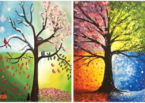 Four Seasons Art, Donna Dewberry Painting, Mosaic Home, Tree Painting Canvas, Tree Embroidery, School Murals, Life Tree, Mosaic House, Seasons Art