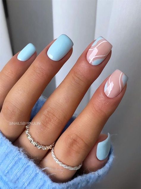 Simple Nails On Natural Nails, Modest Nail Designs, Acrylic Nail Ideas For School, Cute Teal Nails, Subtle Summer Nails, Squoval Nail Designs, Princess Nail Designs, Light Blue Nail, Light Blue Nail Designs