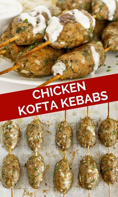 Lebanese Meatballs Recipes, Middle Eastern Kebab Recipes, Chicken Kefta Kabobs, Chicken Kafta Kabob, Ground Chicken Kofta, Kofta Recipe Chicken, Chicken Kofta Kebab, Mediterranean Ground Chicken Recipes, Mince Chicken Recipes