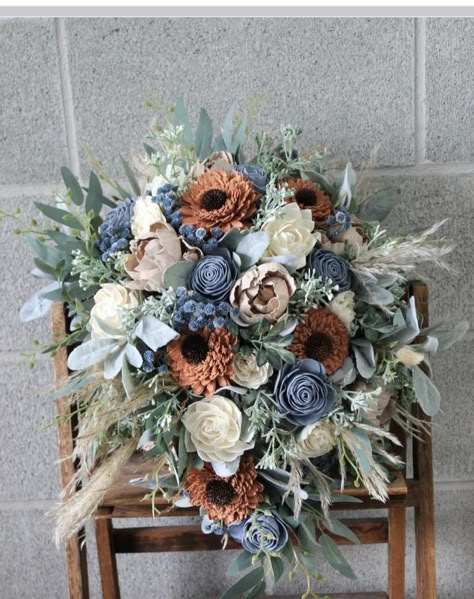 Navy Blue Sage Green Rust Wedding, Dusty Blue And Brown Wedding, Brown And Blue Wedding Theme, Rust Bridesmaid Bouquet, Burnt Orange And Dusty Blue Wedding, Dusty Blue Fall Wedding Color Palettes, Terracotta And Dusty Blue Wedding, Dusty Blue And Terracotta Wedding, Fall Boho Wedding Flowers