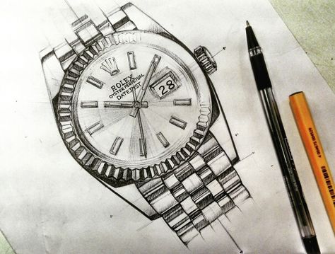 A rolex sketch kept simple Hand Watch Drawing, Rolex Drawing, Rolex Painting, Rolex Tattoo, Horology Design, Watch Sketch, Easy Butterfly Drawing, Watch Drawing, Buddha Tattoo Design