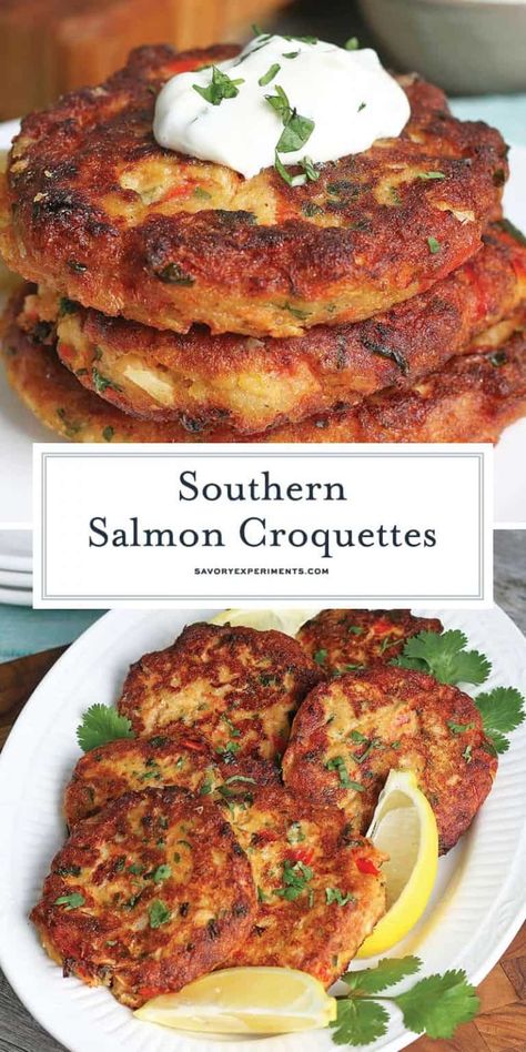 Southern Salmon Croquettes are a soul food classic! This easy recipe is taken up a notch with one SECRET ingredient that makes them so delicious! #salmoncroquettes #southernsalmoncroquettes www.savoryexperiments.com Southern Salmon Croquettes, Salmon Croquettes Recipe, Easy Salmon Cakes, Fried Salmon Patties, Canned Salmon Recipes, Salmon Cakes Recipe, Croquettes Recipe, Salmon Croquettes, Salmon Patties Recipe