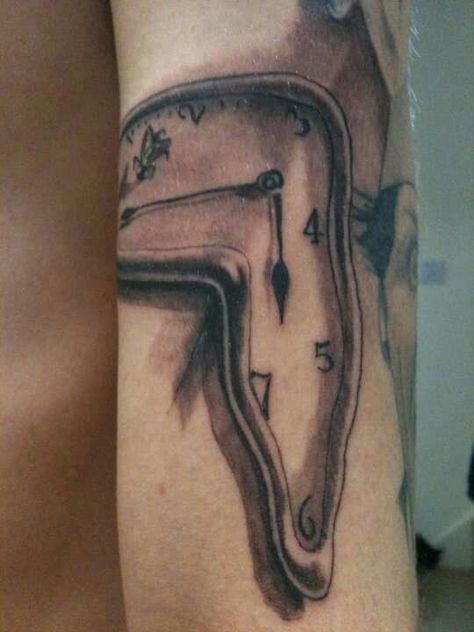 Salvidor dali clock tattoo 1939 Tattoo, Dali Clock Tattoo, Dali Melting Clock, Dali Clock, Dali Tattoo, Melting Clock, Mens Shoulder Tattoo, Clock Tattoo, Memorial Tattoos