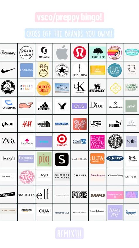 Check out its_lilz_xoxo's Shuffles vsco/preppy bingo!!🌊🏄‍♀️💗🌷 #bingo #remix #brands #preppy #vsco #crossout #like #followforfollow #fyp Preppy Stores, Preppy Bingo, Brandy Melville Summer, Road Trip Kit, Preppy Brands, Preppy Vsco, Preppy Inspiration, Sephora Skin Care, Skincare Inspiration