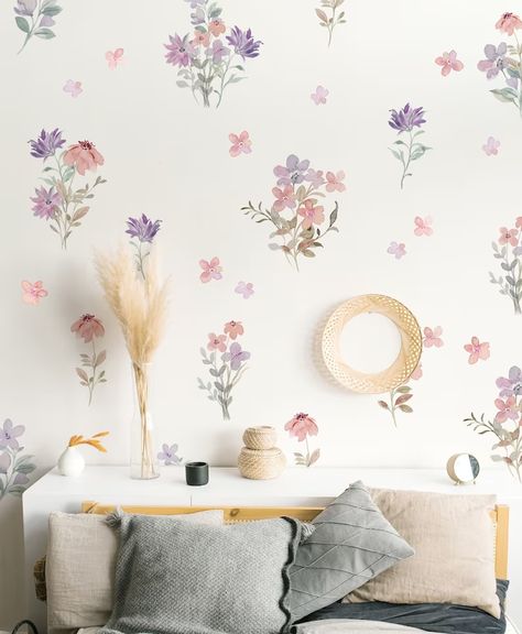 Watercolor Flower Pink Violet Greenery Wall Decals Nature - Etsy Australia Greenery Wall, Floral Room, Rose Violette, Nature Stickers, Trendy Wallpaper, Boho Nursery, Wall Decal Sticker, Watercolor Flower, Boho Wall