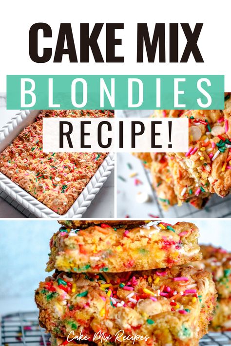 These blondies are super easy to make because the recipe starts with a simple box of cake mix and sues ingredients you likely already have in your kitchen! These blondies are fun and unique and are the easiest sweet treat to whip up in a pinch. These blondies are a great dessert to take to parties and picnics to share with family and friends, and they’re sure to be a hit! Betty Crocker White Cake Mix Recipes, Cake Mix Blondies Recipe, Cake Mix Blondies, Chocolate Blondies, Chocolate Fudge Brownies, Blondies Recipe, Confetti Cake, Box Cake Mix, White Cake Mixes