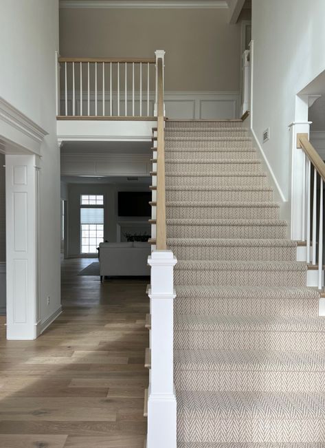 Open Stairs With Carpet, White Oak Staircase With Runner, Oak And White Staircase, Beige Stairs, Updated Staircase, White Oak Stairs, Transitional Staircase, Oak Handrail, White Staircase