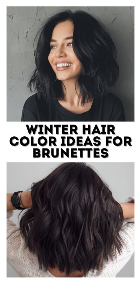 25 Trendy Winter Hair Color Ideas for Brunettes 2024-2025 – Balayage & More Warm Winter Brunette Hair, Winter Hair For Dark Hair, Brunette Hair With No Highlights, Colored Hair For Dark Hair, New Brunette Hair Trends, Hair Color For Winter Brunette, Brown Hair Color For Short Hair, Winter Hair Color For Dark Brown Hair, Brunette Hair Color Winter