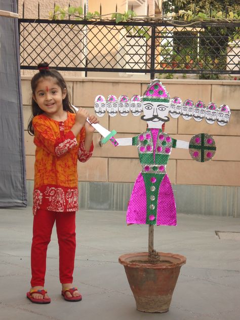 created dis RAVANA for dushera festival.......and dis lil RAMA too..... Dassera Festival Decoration, Ravan Making Activity For Kids, Dusshera Activity For Kids, Dushera Decoration For School, Dussehra Ravan, Diwali Craft For Children, Nursery School Activities, Diwali Activities, Bulletin Boards Classroom Decor