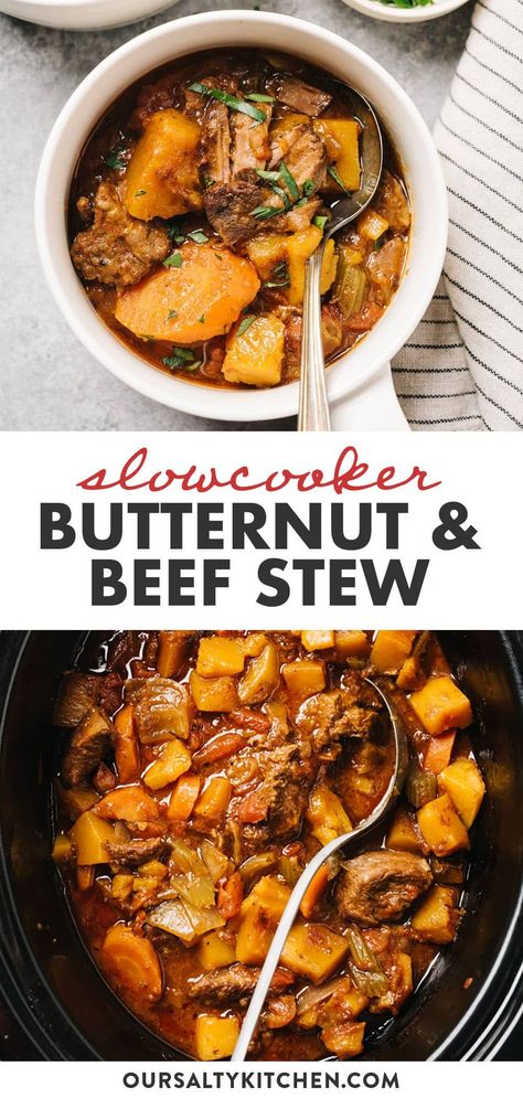 Swap white potatoes for butternut squash to transform standard beef stew into a whole new experience. Cooked low and slow in your crockpot, the beef is fall apart tender with perfectly cooked vegetables in a seasoned gravy. Just a few simple substitutions create a healthy, paleo and Whole30 approved slow cooker beef stew that's both hearty and incredibly nutritious. #crockpot #slowcooker #whole30 #paleo #whole30stew #paleorecipes Beef And Butternut Squash Stew Slow Cooker, Beef Stew Butternut Squash, Paleo Dinners Crockpot, Fall Stews And Soups Crockpot, Beef Butternut Squash Stew, Butternut Squash Stew Crockpot, Healthy Crockpot Recipes Vegetables, Butternut Squash Whole 30 Recipes, Fall Dinner Recipes Slow Cooker