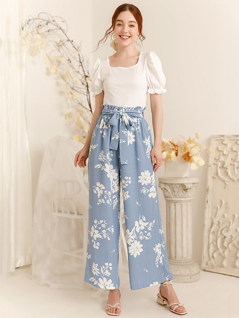 Romantic Pants Outfits, Garden Party Outfit Pants, Feminine Outfits With Pants, Garden Party Outfits For Women, Flower Pants Outfit, Bridal Shower Attire, Bridgerton Party, Pant Outfits For Women, Style Roots