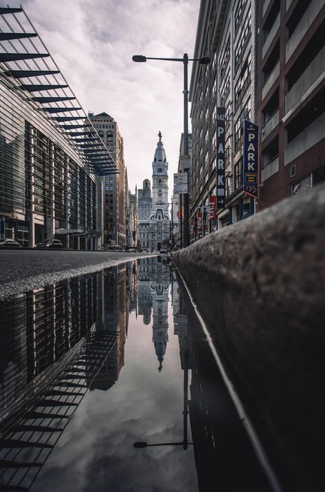 Reflections in Philadelphia. Industrial Landscape Photography, Spaces And Places Photography, Sense Of Place Photography, Urban Photography Street Buildings, Places And Spaces Gcse Photography, Panorama Photography Landscapes, Reflection Photography Ideas, Symmetrical Photography, Puddle Photography