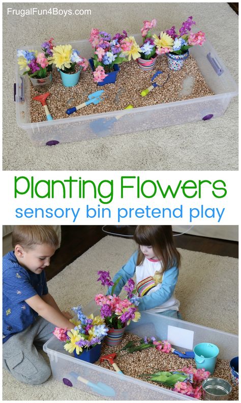 Planting Flowers Sensory Bin - Pretend play idea for preschoolers, great fine motor practice #spring #kidsactivities #preschool #sensorybin Toddler Sensory, Spring Preschool, Toddler Snacks, Kids Sensory, Sensory Bin, Toddler Play, Spring Activities, Toddler Learning Activities, Toddler Fun