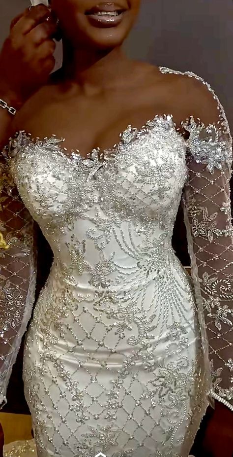 Long Sleeve Mesh Lace Wedding Dress, Wedding Dress For Busty Ladies, Senegalese Wedding Dresses, White Wedding Dresses Black Women, Senegalese Wedding, Fairytale Wedding Dress, Bride Reception Dresses, Glam Wedding Dress, Big Wedding Dresses