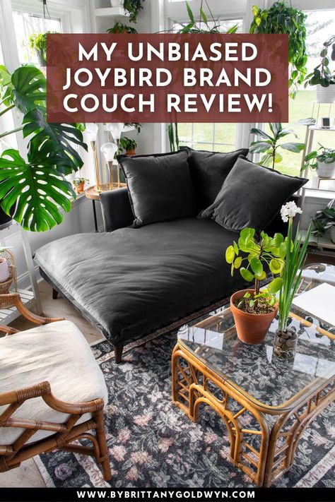 Looking for an unbiased Joybird sofa review? I bought the Denna single arm chaise in velvet Royale Gunmetal, and I'm providing my review of the ordering process, shipping, and the couch itself. One Arm Couch, Joy Bird Couch, Cozy Sofa Deep Couch, Joybird Furniture Living Rooms, Home Sunroom, Joybird Couch, Comfy Sofa Living Rooms, Article Couch, Scandi Style Living Room