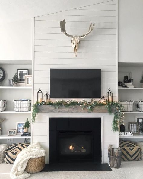 ❤️ fireplace goes up to ceiling. ❤️ hearth as a solid piece and in location of existing fp. 👎🏻tv over fireplace. Tv Over Fireplace, Before And After Pics, Fireplace Mantle Decor, Fireplace Tv Wall, Shiplap Fireplace, Farmhouse Fireplace, Fireplace Remodel, Home Fireplace, Fireplace Makeover