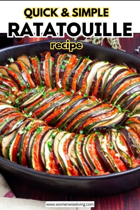 A beautifully plated ratatouille dish with vibrant layers of sliced zucchini, eggplant, and bell peppers, arranged in a circular pattern and baked to perfection. The vegetables are garnished with fresh herbs, and the colors pop against a rustic serving dish, showcasing the dish's hearty and healthy appeal. French Ratatouille Recipe, How To Make Ratatouille, Veggie Medley, Easy Ratatouille Recipes, Ratatouille Recipe, Rainy Saturday, Classic French Dishes, Cooking Challenge, Colorful Dishes