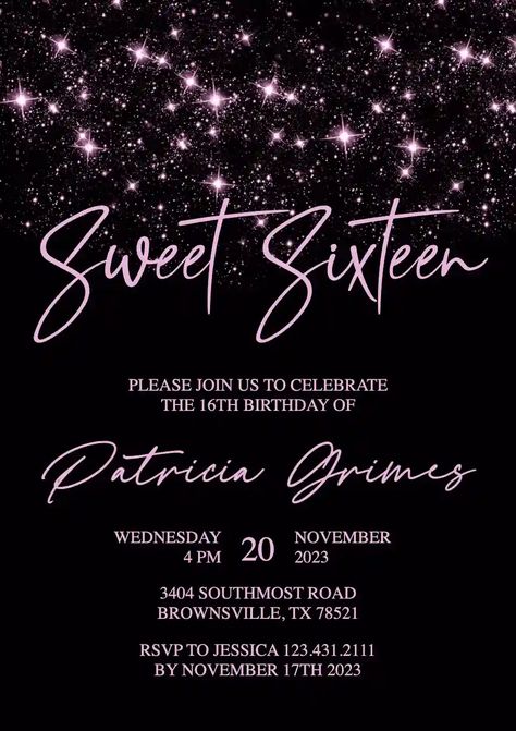 Sweet 16 Invitations Template, Sweet 16 Invitation Templates, Sweet 16 Invitation Ideas, Sweet 16 Invites, Sweet 16 Birthday Invitations, Neon Party Invitations, Teen Birthday Invitations, Birthday 25, Sweet Sixteen Birthday Invitations