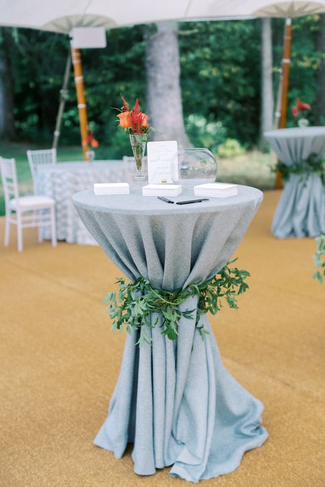 Light Blue Reception Decor, Dusty Blue Cocktail Table, Dusty Blue Cocktail Hour, Mist Blue Wedding Decor, Dusty Blue Garden Wedding Reception, Baby Blue Linen Party Table Images, Wedding Cocktail Table, Cocktail Table Centerpieces, Wedding Cocktail Tables