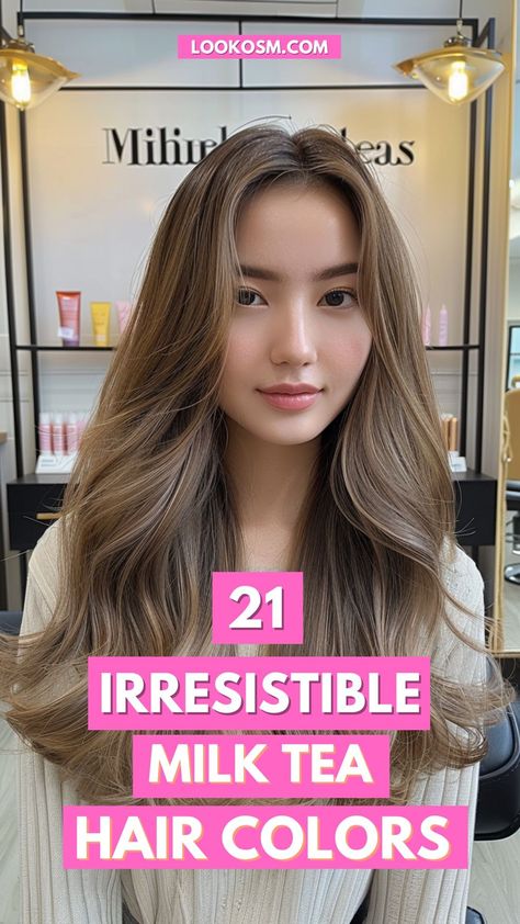 21 Milk Tea Hair Colors for Your New Style Tea Hair Color, Brown Milk Tea Hair Color, Honey Milk Tea Hair Color, Ashy Milk Tea Hair, Hair Color Milk Tea, Dark Milk Tea Brown Hair, Milk Tea With Highlights, Latte Brown Hair Color, Liese Milk Tea Brown Hair