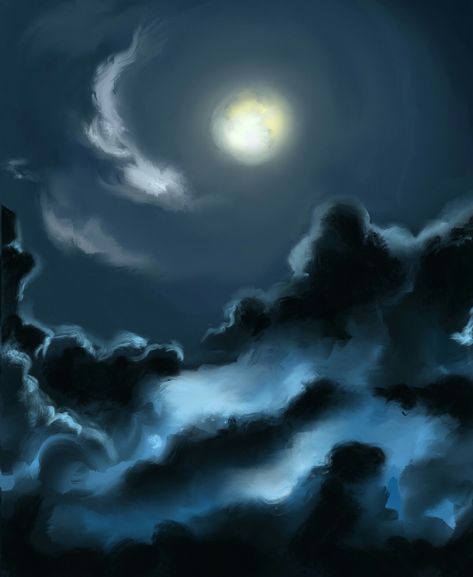 Digital art. Procreate.moon.night. Nighttime Sky Painting, Dark Skies Painting, Digital Night Sky, Night Woods Painting, Night Sky With Clouds Painting, Clouds At Night Painting, Night Scape Painting, Paintings Of The Night Sky, Night Sky Silhouette Painting