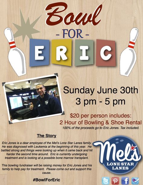 #BowlForEric is a bowling fundraisers to raise money for our employee, Eric Jones.  He's battling leukemia right now. Bowling Fundraiser, Marilyn Monroe Stencil, Benefit Ideas, Foundation Ideas, Eric Jones, Magazine Cover Template, Fundraiser Flyer, Fund Raiser, Fashion Design Template