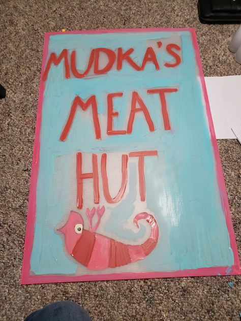 Mudka's Meat Hut sign Birthday party sign Emperor's New Groove Party, Emporers New Groove Food, Emperors New Groove Birthday Party, Emporers New Groove Party, Emperors New Groove Party, Movie Night Food, 33rd Birthday, 32 Birthday, Disney Dinner