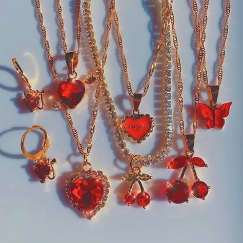 necklaces red heart love valentines cherry fruit ruby gem stones crystals jewellery accessories gold aesthetic palette trendy outfit cute butterfly earrings chain ———————————————————————————— (not my picture <3) #jewelry #red #accessories Red Aesthetic Jewelry, Red Girly Things, Heart Jewelry Aesthetic, Gold And Red Jewelry, Red Jewerly, Red Aesthetics, Red Items, Red Theme, Crystal Aesthetic