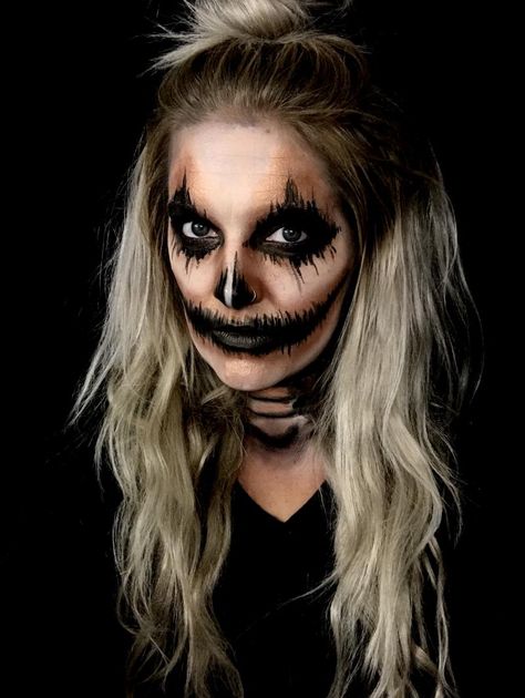 Easy Halloween Zombie Makeup, Dark Scarecrow Makeup, Scary Scarecrow Face Paint, Zombie Scarecrow Makeup, Scarecrow Scary Makeup, Pumpkin Head Makeup, Scary Face Paint Horror Makeup, Spooky Scarecrow Makeup, Halloween Face Makeup Scary