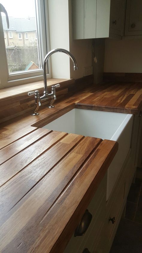 Oak worktop with drainer grooves for Belfast sink Kitchen Sink Wood Countertops, Belfast Sink In Island, Butler Sink With Draining Board, Black Sink Oak Worktop, Belfast Sink Wooden Worktop, Butler Sink Kitchen, Oak Worktop, Apple Kitchen, Oak Worktops