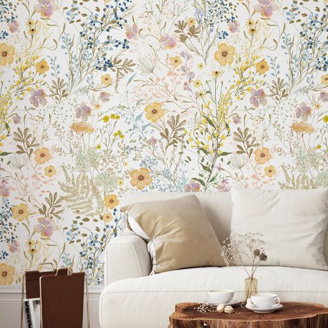 Self Adhesive Temporary Removable Vinyl Wallpaper Or Polyester Fabric Peel and Stick Wallpaper with Garden Flowers Watercolor Field Plants Boho Style Botanical Design. Great for Girls room, Nursery, Bedroom, Living Room, Kitchen, Hallway, Bathroom. You can use the Peel and Stick Smooth or Canvas Texture Vinyl application, you can choose to use Light Textured Peel and Stick Fabric Wallpaper or Pre-Pasted Traditional Paper. We have a unique approach to each of your orders. Don't hesitate to contac Bedroom Wall Papering Ideas, Light Floral Wallpaper, Boho Floral Wallpaper Nursery, Floral Peel And Stick Wallpaper Nursery, Wildflower Peel And Stick Wallpaper, Watercolor Field, Wallpaper Childrens Room Floral, Yellow Floral Wallpaper Kitchen, Mustard Wallpaper