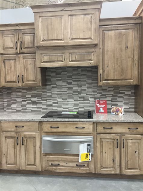 Lowes schuler cabinetry knotty alder cappuccino Lowes Cabinet, Knotty Pine Kitchen Cabinets, Knotty Pine Kitchen, Lowes Kitchen Cabinets, Pine Kitchen Cabinets, Lowes Kitchen, Kitchen Beautiful, Pine Kitchen, Rustic Kitchen Cabinets