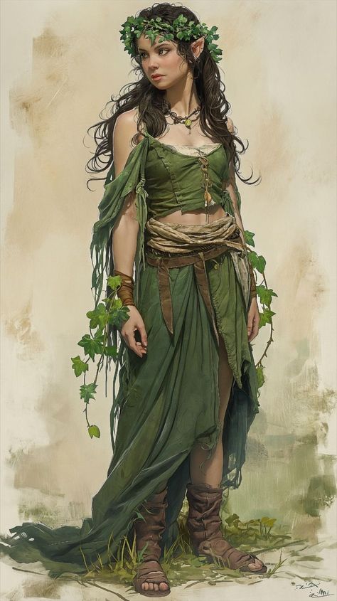 Female Druid Character Design, Druid Elf Female, Female Druid Dnd, D&d Druid, Wood Elf Druid Female, Eladrin Druid, Druid Oc, Half Elf Druid, Dryad Costume