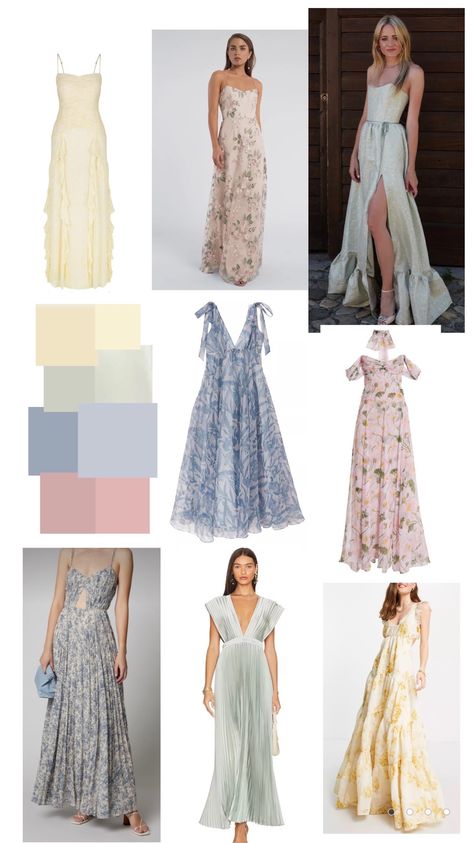 Muted pastel bridesmaid Moodboard Pastel Formal Outfit, Muted Color Bridesmaid Dresses, Pastel Dress Code Wedding, Bridesmaids Dresses Pastel Colours, Non Matching Bridesmaid Dresses Pastel, Pastel Dress Outfit Wedding, Pastel Mix And Match Bridesmaids, Muted Pastel Wedding, Pastel Color Palette Wedding