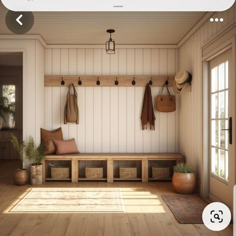 Foyer Cubby Ideas Entryway, Front Porch Mud Room Ideas, Small Front Entryway Ideas With Stairs, Cottage Mudroom Ideas, Front Door Cubbies, Entry Hooks And Bench, Earthy Entryway Ideas, Cottage Core Mudroom, Large Entry Room Ideas