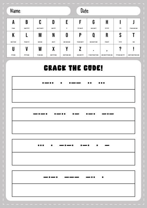 Practice your Morse code skills with this printable worksheet. Challenge yourself to decode and encode messages using the Morse code alphabet. Enhance your communication abilities with this engaging activity. Get ready to decode and encode Morse code messages! #MorseCodeLearning #PrintableWorksheets #LanguageSkills #printablemorsecode Morse Code Messages, Code Messages, Morse Code Practice, Morse Code Alphabet, Alphabet Chart Printable, Code Alphabet, Coded Message, Spanish Verbs, Verb Worksheets