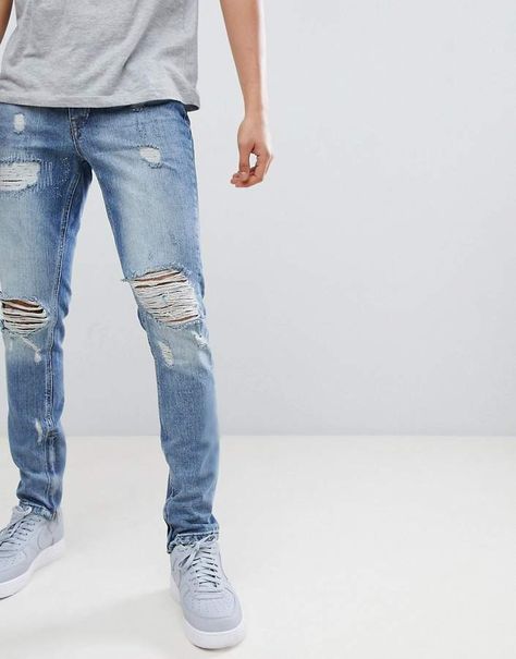 Men's Jeans In Blue With Distressing #affiliate #jeans Damage Jeans Men, Damage Jeans, Damaged Jeans, Jeans Men, Mens Fashion Summer, Colored Denim, Slim Jeans, Jeans Style