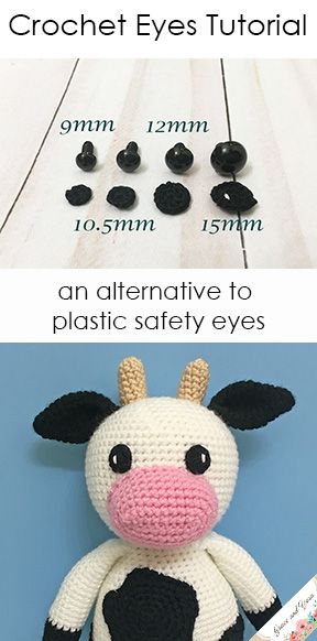 Full tutorial for making crochet eyes as an alternative to plastic safety eyes, instructions for 4 different sizes! How To Add Eyes To Crochet, Crochet Safety Eyes, How To Sew Eyes On Crochet Animals, How To Indent Eyes In Amigurumi, Weird Crochet, Amigurumi Safety Eyes, Amigurumi Cow Pattern, Eyes Tutorial, Toys Ideas