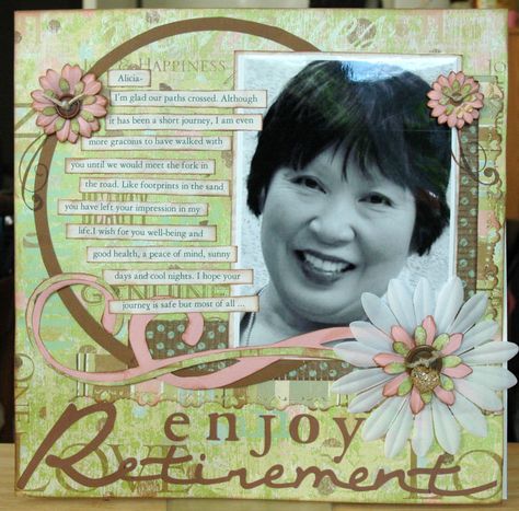 Retirement Scrapbook Ideas Layout, Retirement Scrapbook Ideas, Retirement Travel Theme, Retirement Scrapbook, Scrapbook Cover Ideas, Ideas For Retirement, Retirement Sentiments, Art And Craft Images, Retirement Party Sign