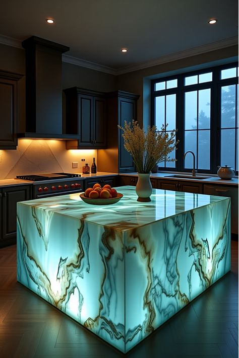 Illuminated onyx stone kitchen island countertop Light Up Marble Countertops, Onyx Marble Kitchen, Unique Countertop Ideas, Unconventional Kitchen, Kitchen Makeover Projects, Onyx Countertops, Kitchen Renovation Ideas, Trendy Kitchen Design, Luxury Living Room Inspiration