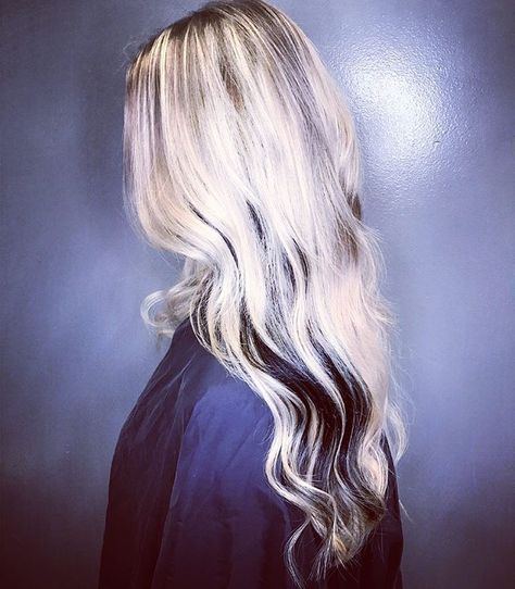 Blonde balayage with black peekaboo #blonde #black #balayage #popofcolor Blonde With Black Extensions, Black Peekaboo Hair Blonde, Blonde Hair Black Peekaboo, Blonde Black Balayage, Blonde With Black Peekaboo, Platinum Blonde Hair With Black Streaks, Peekaboo Blonde Hair, Platinum Blonde With Dark Underneath, Platinum Blonde And Black Hair